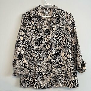 Deane & White Linen Button Up Shirt Plus Sz 1X Black Beige Paisley Travel Boho